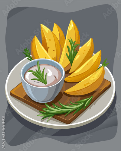 Golden yellow potato illustration close up eye level view