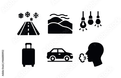 vector solid black filled icons chilly transition (travel moment): snowy road misty hills warm lights luggage on ground parked car fog breath.