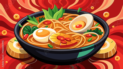 Overhead shot of a steaming bowl of ramen noodles