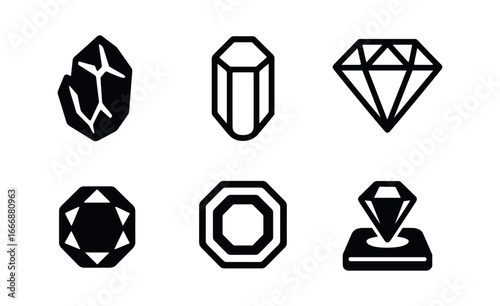 vector solid black filled icons gemologist (rough vs cut): crystal preform outline facet diagram polished gem bezel mount display pad.