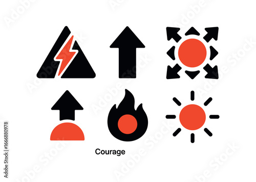 vector solid black filled icons courage (abstract shapes): bold lines sharp angles bright red upward arrow expanding circle glowing core.