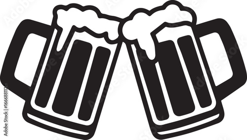 A minimalist black vector icon of two clinking beer mugs with foam, symbolizing a toast, celebration, or a fun social gathering.