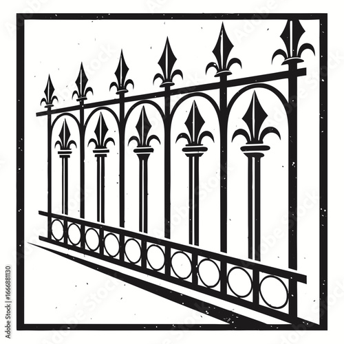 Black and white illustration of a decorative wrought iron fence with fleur de lis finials