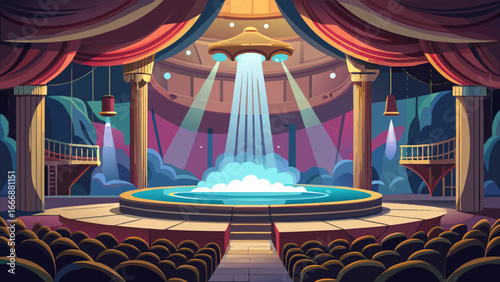 Elegant theater stage with curtains viewed from the audience seating area