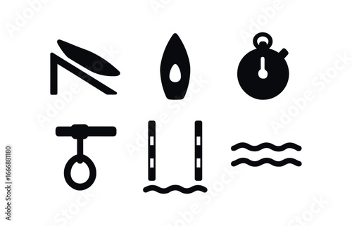 vector solid black filled icons canoe slalom (competition start): starting ramp boat nose clock timer rope hold first gate calm water.