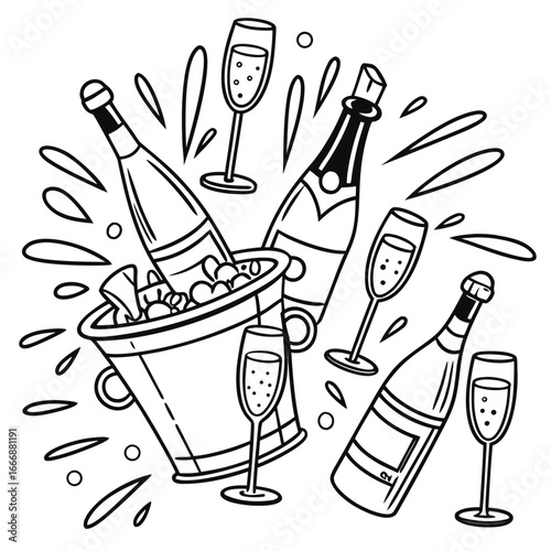 Celebration with champagne bottles and glasses in ice bucket