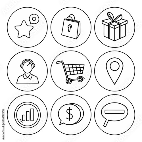 Collection of shopping and business icons in white circles on black background