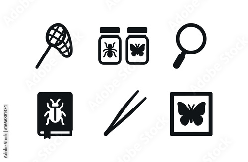 vector solid black filled icons entomologist (field kit): insect net sample jars magnifying glass field notebook forceps specimen box.