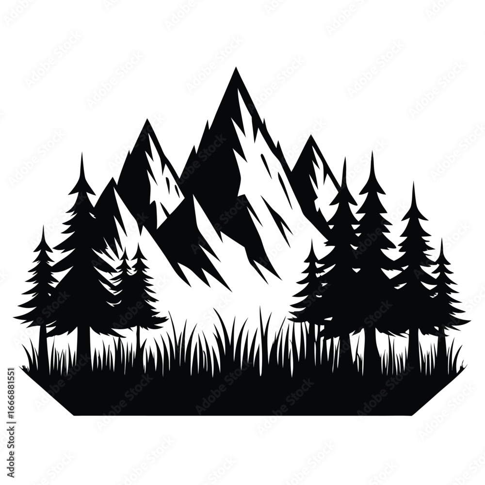Obraz premium Black Silhouette Illustration Mountains, Trees, and Grass Design for Outdoors Nature Lovers