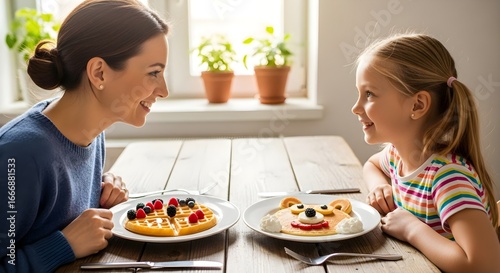 Happy mother and daughter enjoying breakfast together, sharing a fun meal with creative pancakes and waffles.