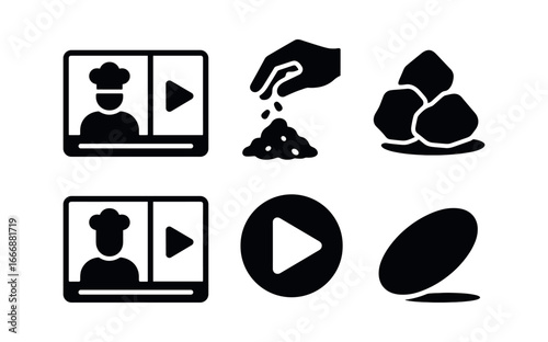 vector solid black filled icons cooking tutorial video (split screen): two panels chef hand ingredient pile play icon shadow smear highlight rim.