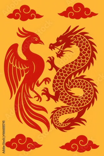 traditional chinese dragon and phoenix design with red and gold colors symbolizing harmony and power
