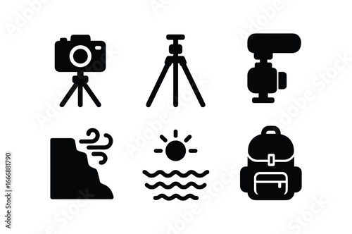 vector solid black filled icons camera on tripod (travel vlog): compact camera travel tripod shotgun mic windy cliff ocean view creator backpack.