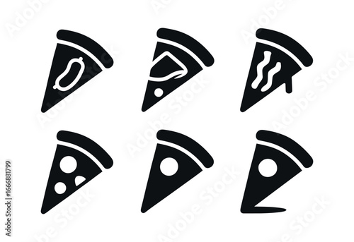 vector solid black filled icons pizza slice with toppings (meat lovers): sausage link ham fold bacon strip cheese pull crust edge shadow smear.