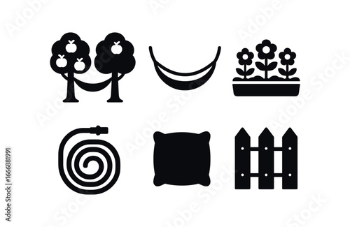 vector solid black filled icons hammock between trees (backyard garden): trees fabric hammock flower beds garden hose soft pillow wooden fence.