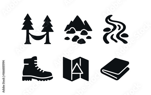 vector solid black filled icons hammock between trees (mountain forest): pine trees canvas hammock rocky ground stream nearby hiking boots folded map.