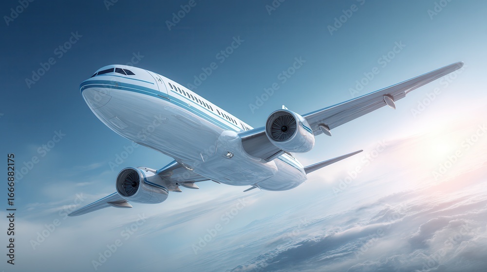 Fototapeta premium Commercial airplane flying through clouds with sunlit sky