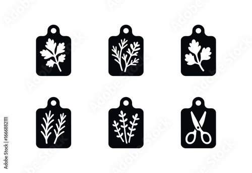 vector solid black filled icons cutting board with veggies (herb focus): parsley bunch dill sprigs cilantro leaves rosemary twigs thyme sprigs herb scissors.
