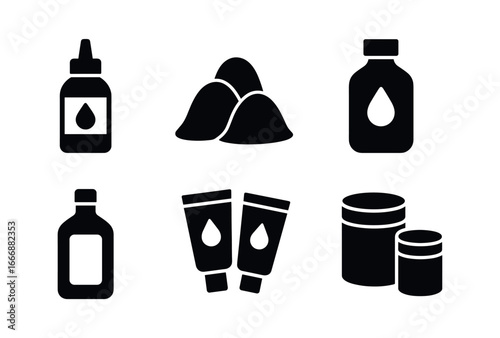 vector solid black filled icons ink technician (materials): dyes pigments water alcohol binders containers.