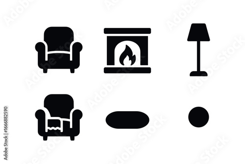 vector solid black filled icons cozy fireplace scene (armchair close): chair silhouette throw blanket shadow smear light rim floor lamp accent dot.