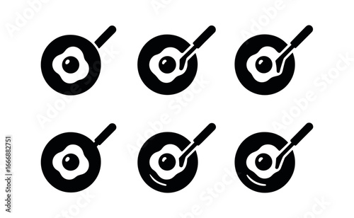 vector solid black filled icons pan on stove (frying egg): yolk circle white spread pan edge spatula tip oil sheen shadow.