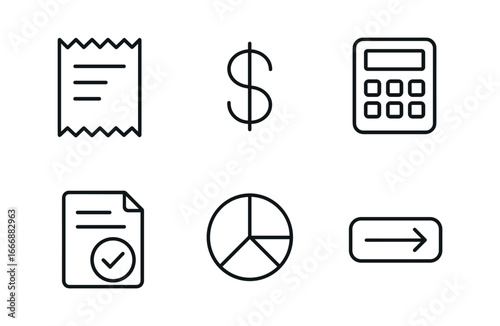 vector outline icons business travel planning (expense tracking): receipt icon dollar sign calculator expense report pie chart submit button.