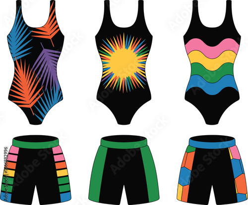 Colorful and diverse swimwear collection showcasing trendy one-piece swimsuits and stylish shorts with vibrant patterns, ideal for summer fashion and beach lifestyles