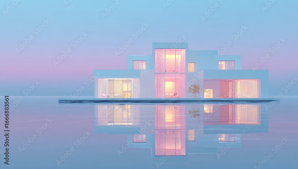 Fototapeta premium Modern white house on a tranquil, pastel-hued body of water. Soft pink light illuminates the interior