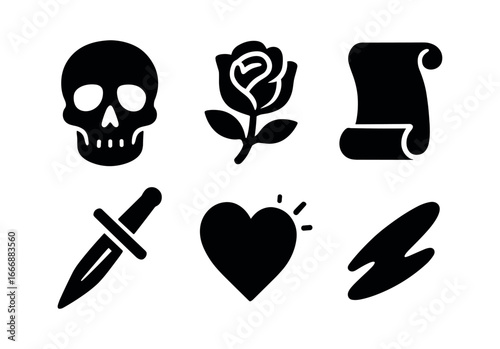 vector solid black filled icons tattoo artist (flash design): skull outline rose bloom script scroll dagger icon heart spark shadow smear.
