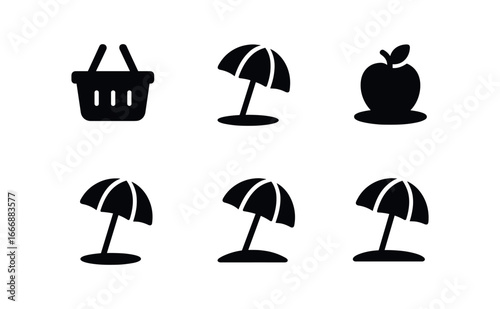 vector solid black filled icons beach umbrella zone (basket share): basket icon fruit peek shadow smear light rim sand edge accent line.