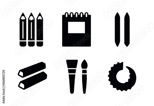 vector solid black filled icons mechanical eraser (art desk): pencils sketchpad blending stumps charcoal brushes shavings.