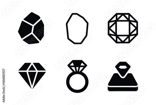 vector solid black filled icons gemologist (rough vs cut): rough crystal preform outline faceting diagram polished facet bezel mount display pad.