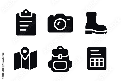 vector solid black filled icons learning internship (fieldwork): clipboard camera boots map backpack data sheet.