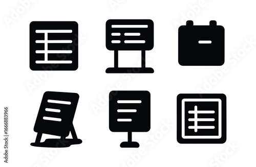 vector solid black filled icons city bus (schedule board): timetable grid departure times date label shadow smear light rim border line.