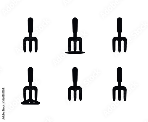 vector solid black filled icons gardening tools set (garden fork): fork prongs handle shaft shadow smear light rim soil dot accent line.