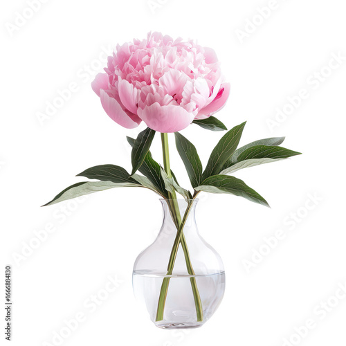 Fototapeta Naklejka Na Ścianę i Meble -  A single pink peony flower in a clear glass vase with water.