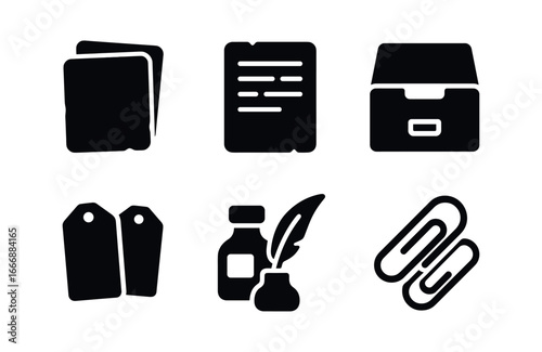 vector solid black filled icons index cards (archival): aged cards typewritten text filing drawer labels old ink paperclips.
