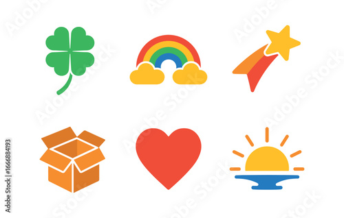 vector colorful flat filled icons serendipity (symbols): four leaf clover rainbow shooting star open box heart sunrise.