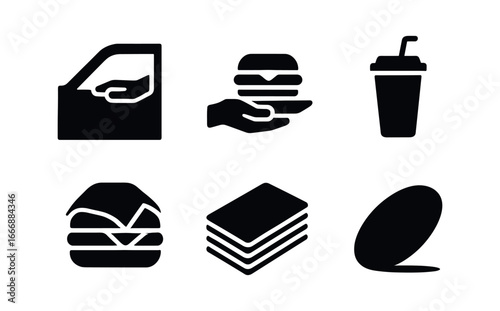 vector solid black filled icons drive thru meal (window handoff): car window tray hand burger wrapper drink cup napkin stack shadow smear.