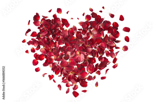 Red rose petals forming a heart shape, isolated on white transparent background