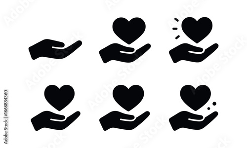 vector solid black filled icons reassurance (gentle hand): hand icon heart overlay soft glow shadow smear highlight rim light dots.