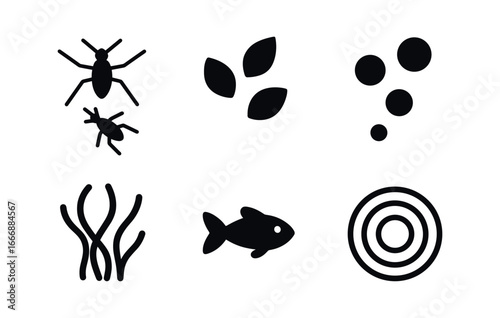 vector solid black filled icons vernal pool (macro view): water bugs floating petals bubbles algae small fish ripples.