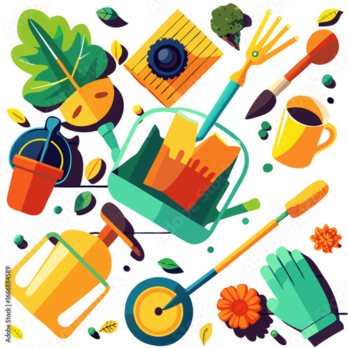Vibrant gardening tools and plants illustration featuring a watering can, bucket, gloves, and various implements