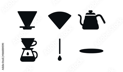 vector solid black filled icons coffee brewing setup (pour over): dripper cone filter paper gooseneck kettle coffee stream shadow smear light rim.