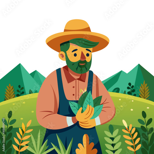 A cheerful farmer in a straw hat stands in his field, holding a handful of fresh green leaves, with mountains and a blue sky in the background