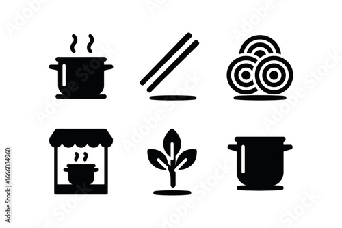 vector solid black filled icons street food stand (noodle stall): broth pot chopstick pair noodle nest garnish sprig shadow smear light rim.
