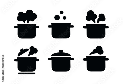 vector solid black filled icons cooking pot (boil burst): vigorous bubble icons pot edge lid lift shadow smear highlight rim.