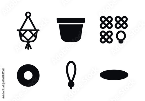vector solid black filled icons macrame (plant hanger): cord cradle pot outline knot cluster wooden bead hanging loop shadow smear.