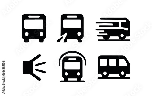 vector solid black filled icons city bus (bus arrival): bus front headlight beams motion blur shadow smear light rim ground line.
