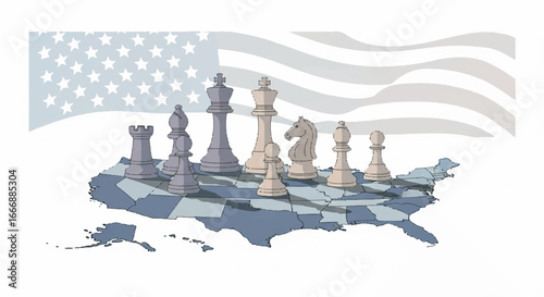 Chess pieces strategically positioned on a map of the united states with a waving american flag in the backdrop, conveying political strategy and power.